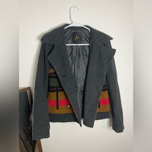Fleece Hooded Cropped Peacoat w/ Blanket Stripe & Brass Buttons